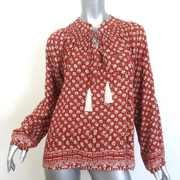 💕NATALIE MARTIN💕 Long Sleeve Tassel Top ~ Rust Floral Print Large - Picture 1 of 12